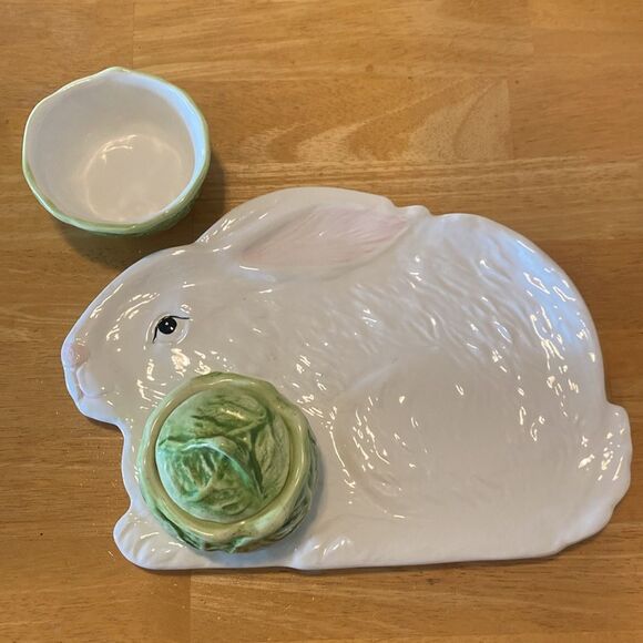 Serving Platter Rabbit With Lettuce Dipping Bowl Set One Bowl With Lid. Vintage - Picture 4 of 8